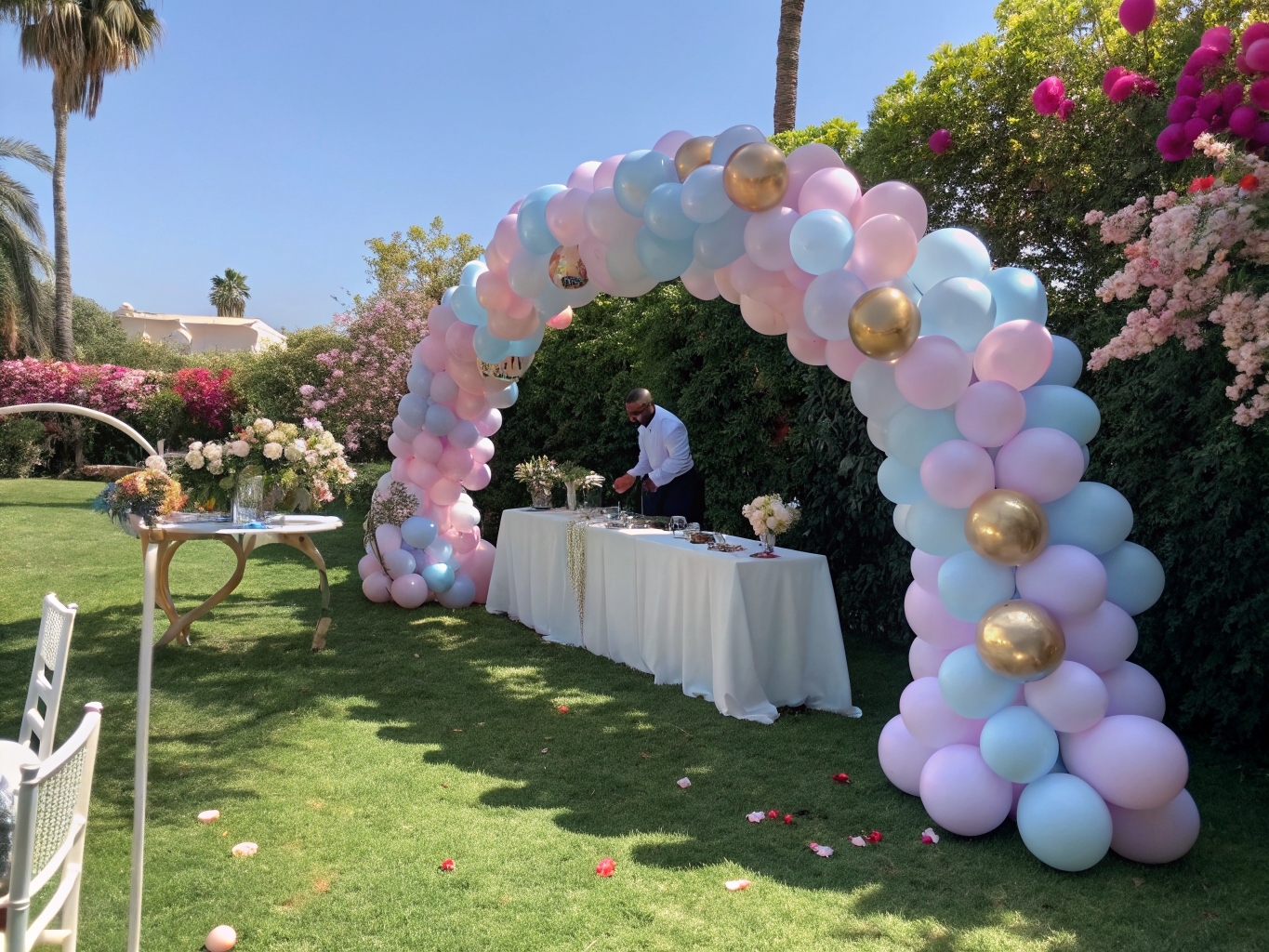 Vibrant hot pink and blush balloon arch at a celebration