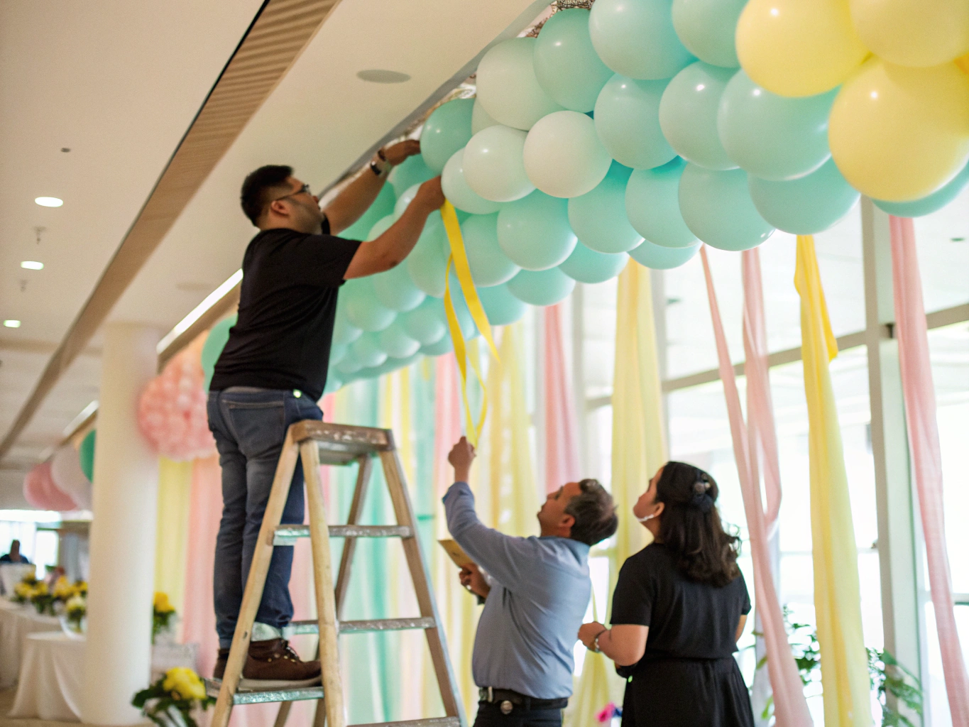 Stylists installing handcrafted balloon arch on-site